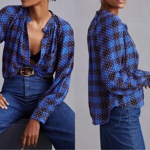 Pilcro Anthropologie Top Womens Small Blue Black Plaid Pink Stitching Button Up